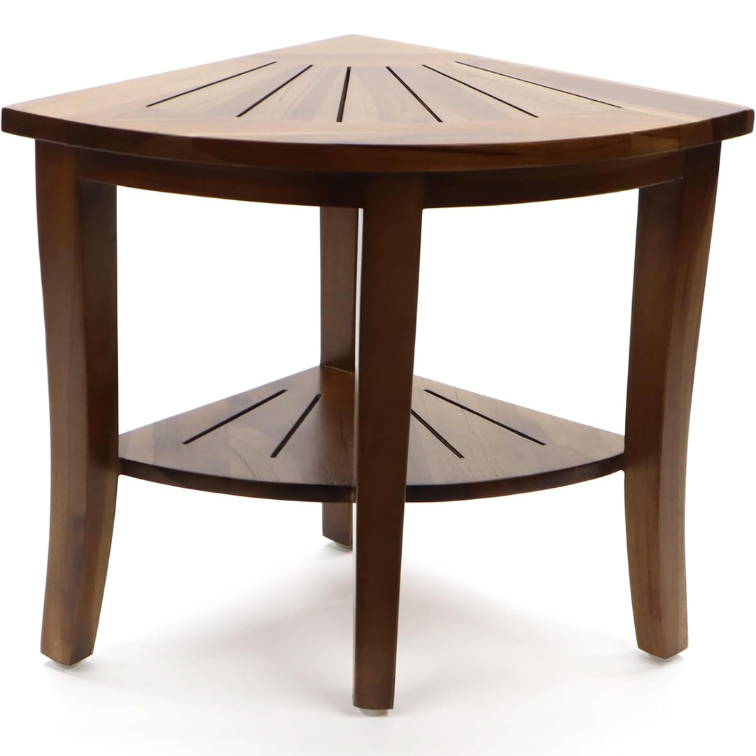 Redmon Genuine Teak Corner Shower Bench, Underseat Shelf Storage, Teak Woodgrain