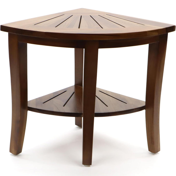 Redmon Genuine Teak Corner Shower Bench, Underseat Shelf Storage, Teak Woodgrain