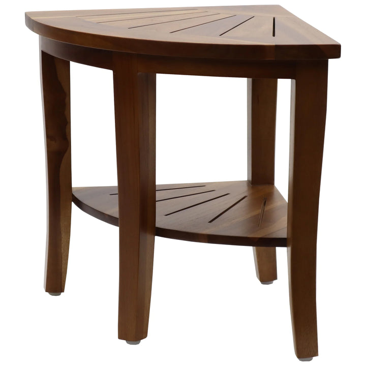 Redmon Genuine Teak Corner Shower Bench, Underseat Shelf Storage, Teak Woodgrain