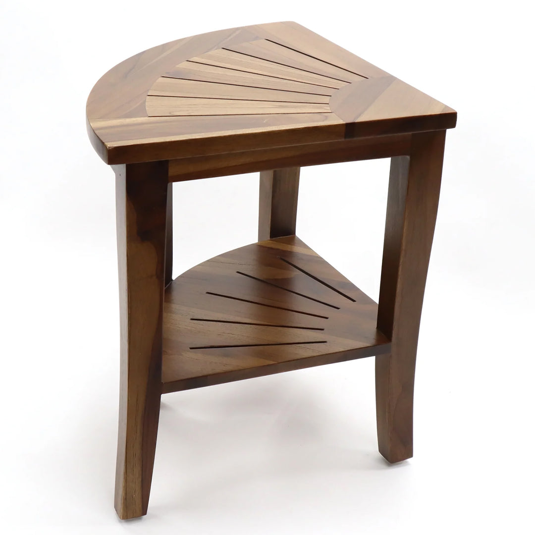 Redmon Genuine Teak Corner Shower Bench, Underseat Shelf Storage, Teak Woodgrain