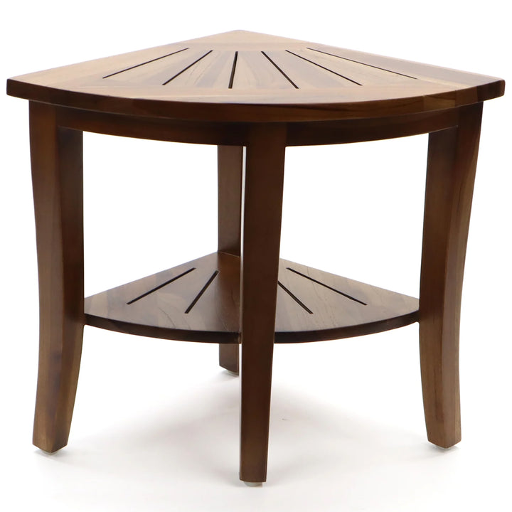 Redmon Genuine Teak Corner Shower Bench, Underseat Shelf Storage, Teak Woodgrain