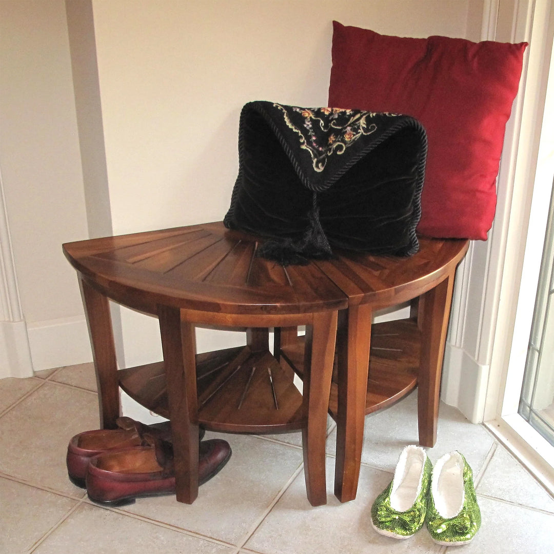 Redmon Genuine Teak Corner Shower Bench, Underseat Shelf Storage, Teak Woodgrain