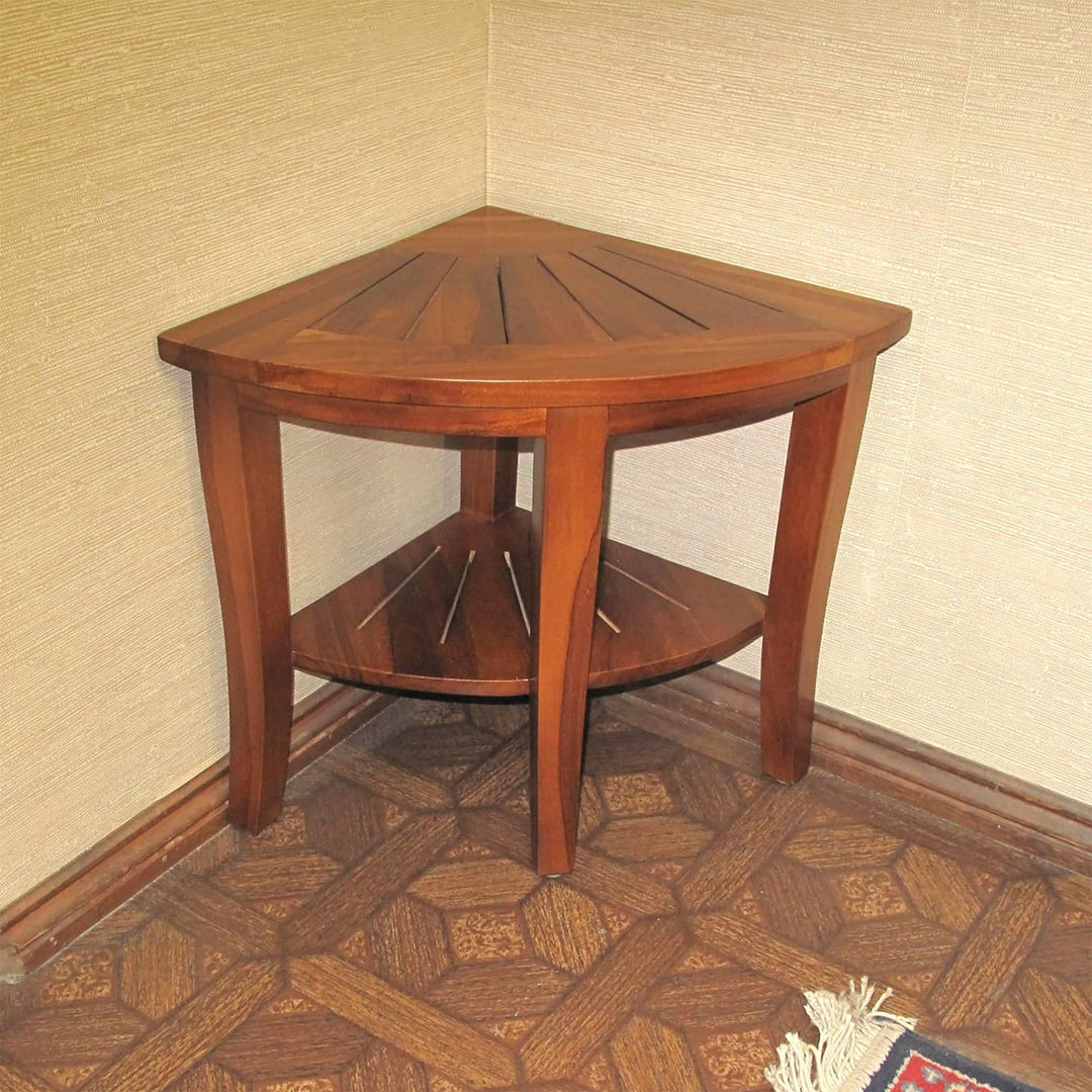 Redmon Genuine Teak Corner Shower Bench, Underseat Shelf Storage, Teak Woodgrain