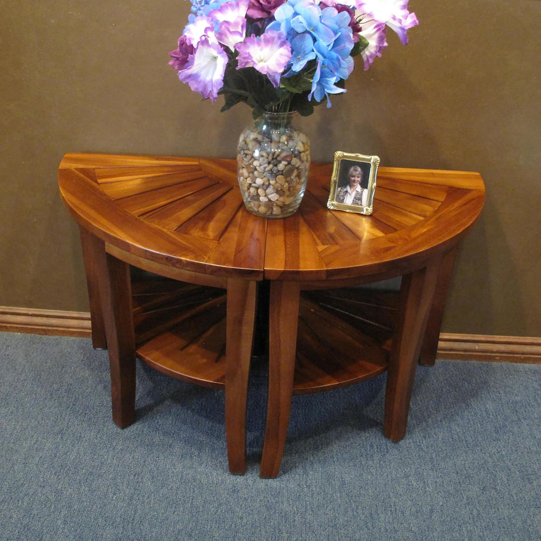 Redmon Genuine Teak Corner Shower Bench, Underseat Shelf Storage, Teak Woodgrain