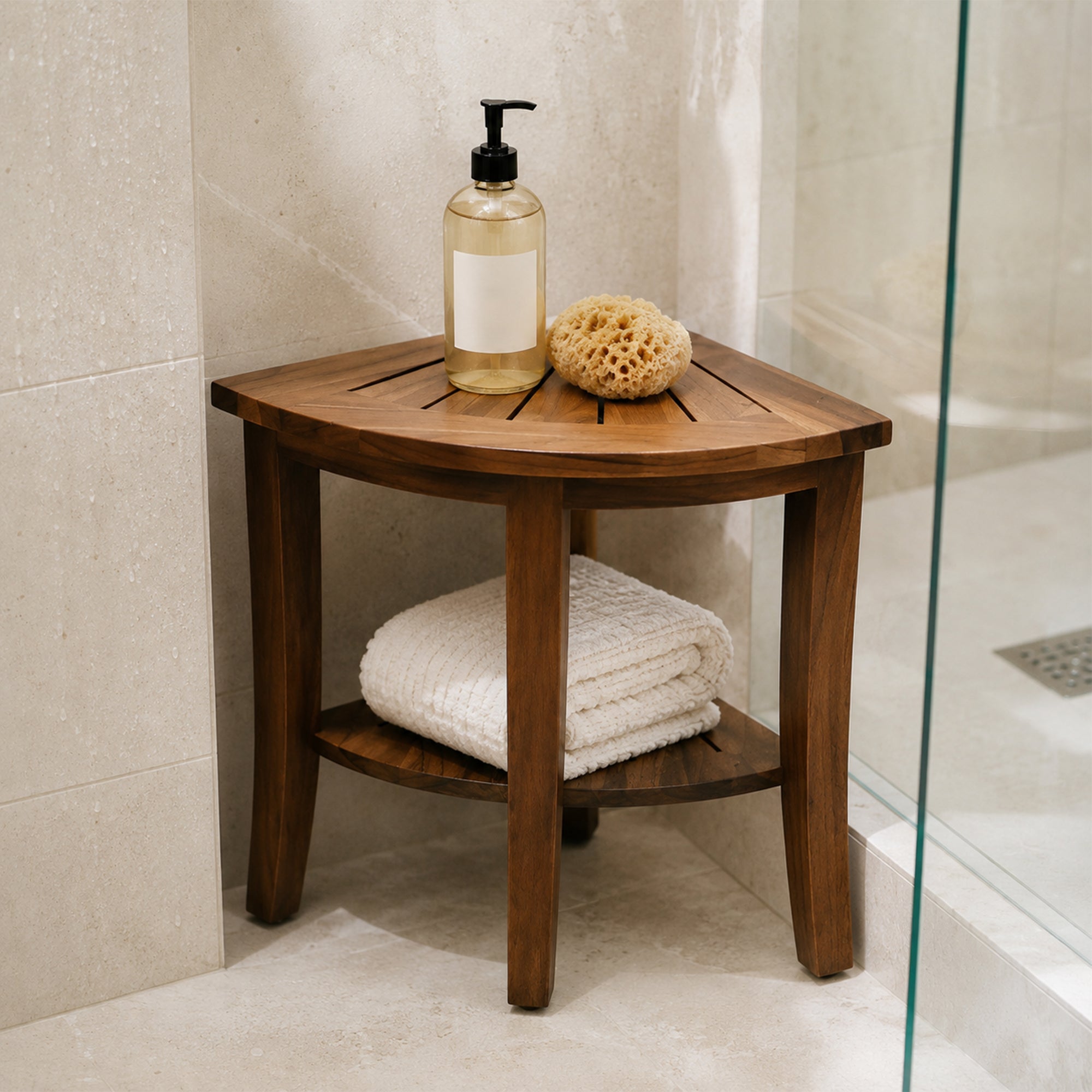 Redmon Genuine Teak Corner Shower Bench, Underseat Shelf Storage, Teak Woodgrain