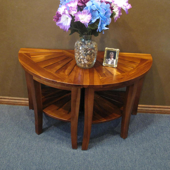 Redmon Genuine Teak Corner Shower Bench, Underseat Shelf Storage, Teak Woodgrain