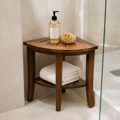 Redmon Genuine Teak Corner Shower Bench, Underseat Shelf Storage, Teak Woodgrain (Used)