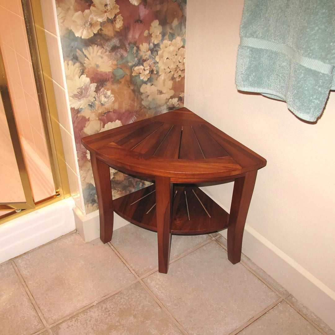Redmon Genuine Teak Corner Shower Bench, Underseat Shelf Storage, Teak Woodgrain