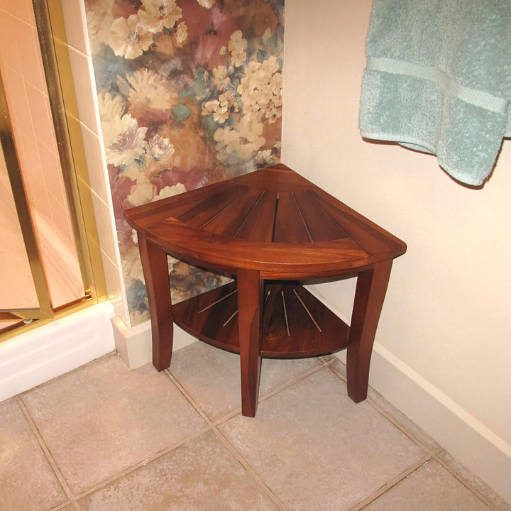 Redmon Genuine Teak Corner Shower Bench, Underseat Shelf Storage, Teak Woodgrain