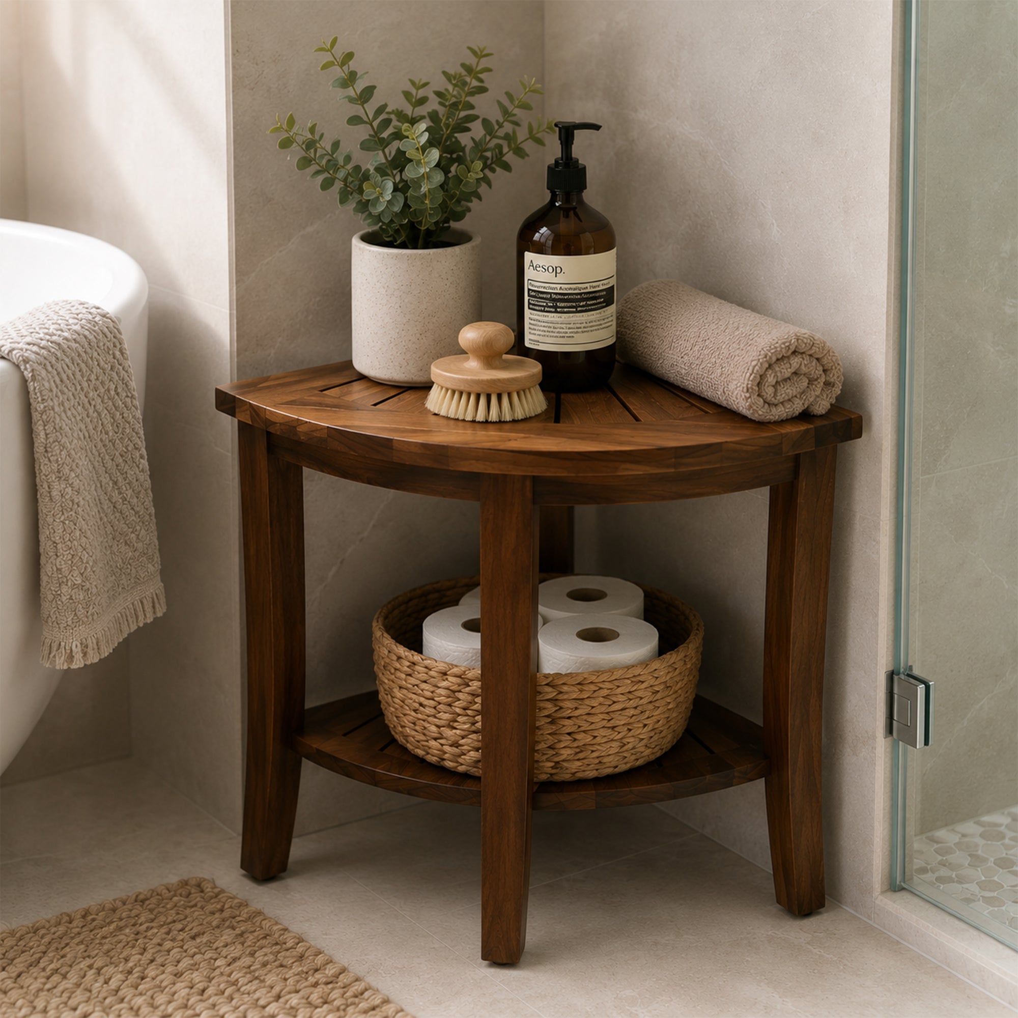 Redmon Genuine Teak Corner Shower Bench, Underseat Shelf Storage, Teak Woodgrain (Used)