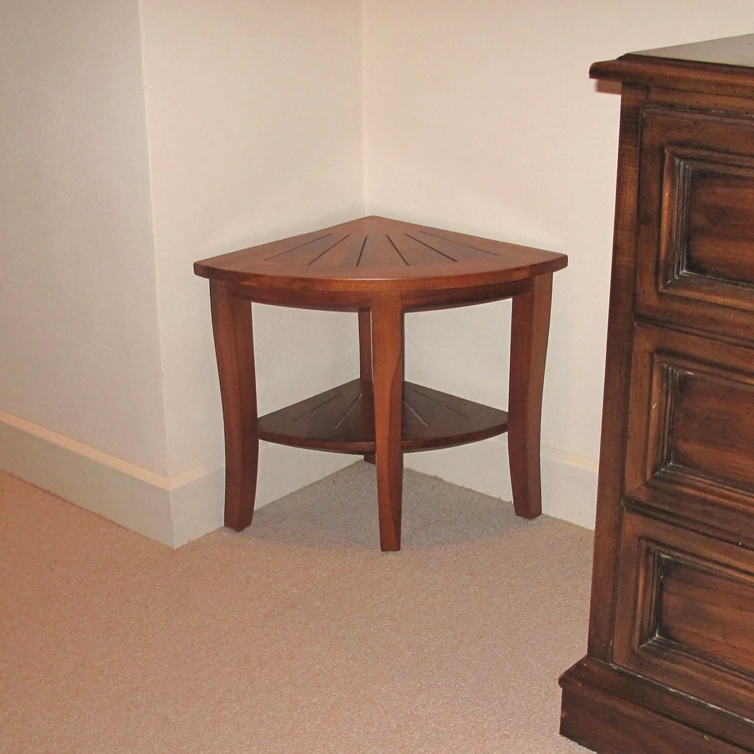 Redmon Genuine Teak Corner Shower Bench, Underseat Shelf Storage, Teak Woodgrain