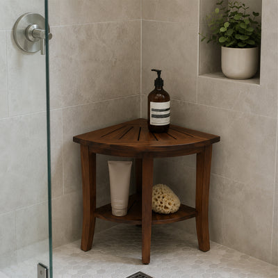 Redmon Genuine Teak Corner Shower Bench, Underseat Shelf Storage, Teak Woodgrain (Used)