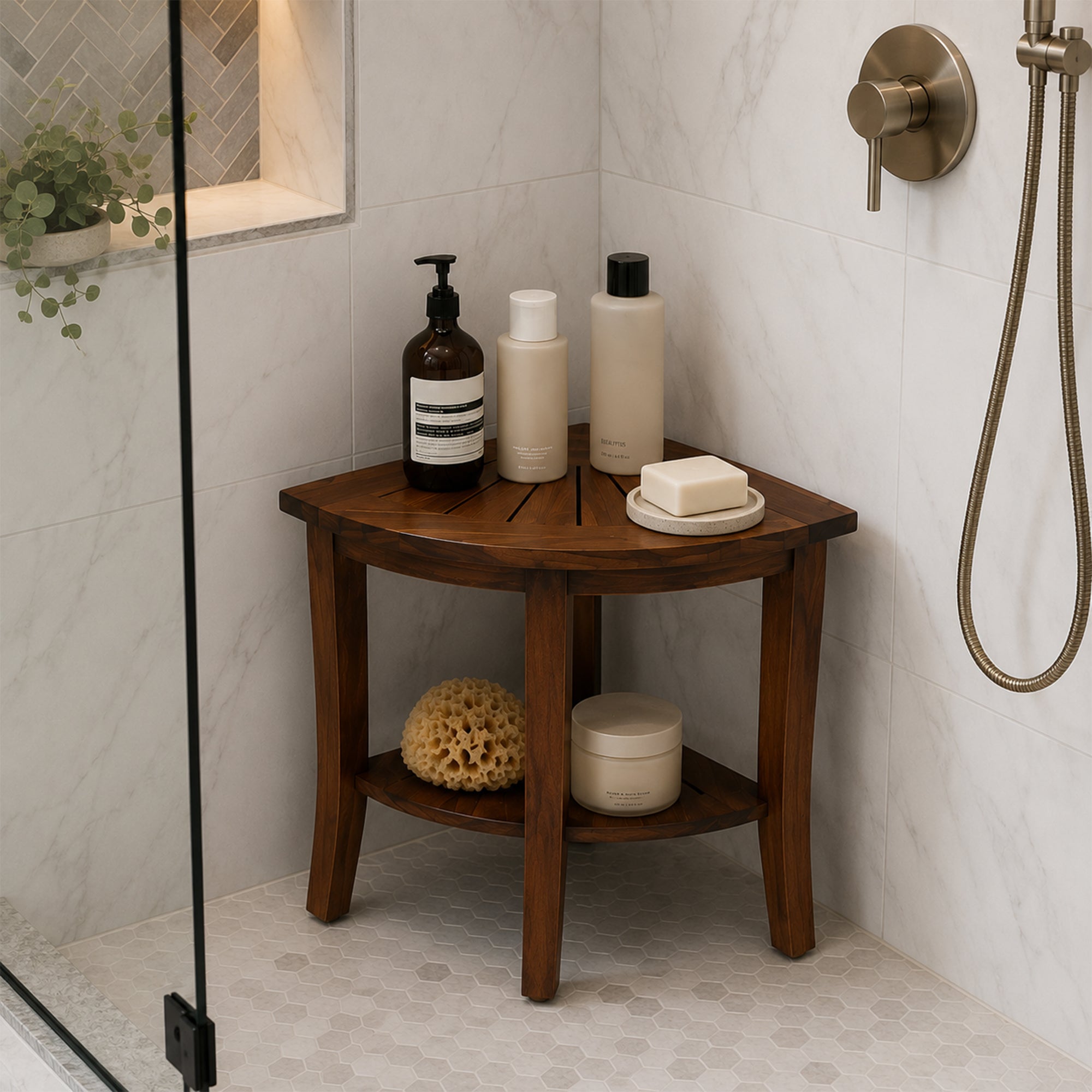 Redmon Genuine Teak Corner Shower Bench, Underseat Shelf Storage, Teak Woodgrain (Used)