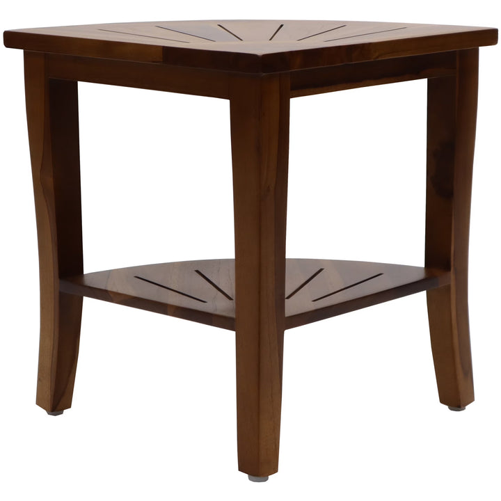 Redmon Genuine Teak Corner Shower Bench, Underseat Shelf Storage, Teak Woodgrain