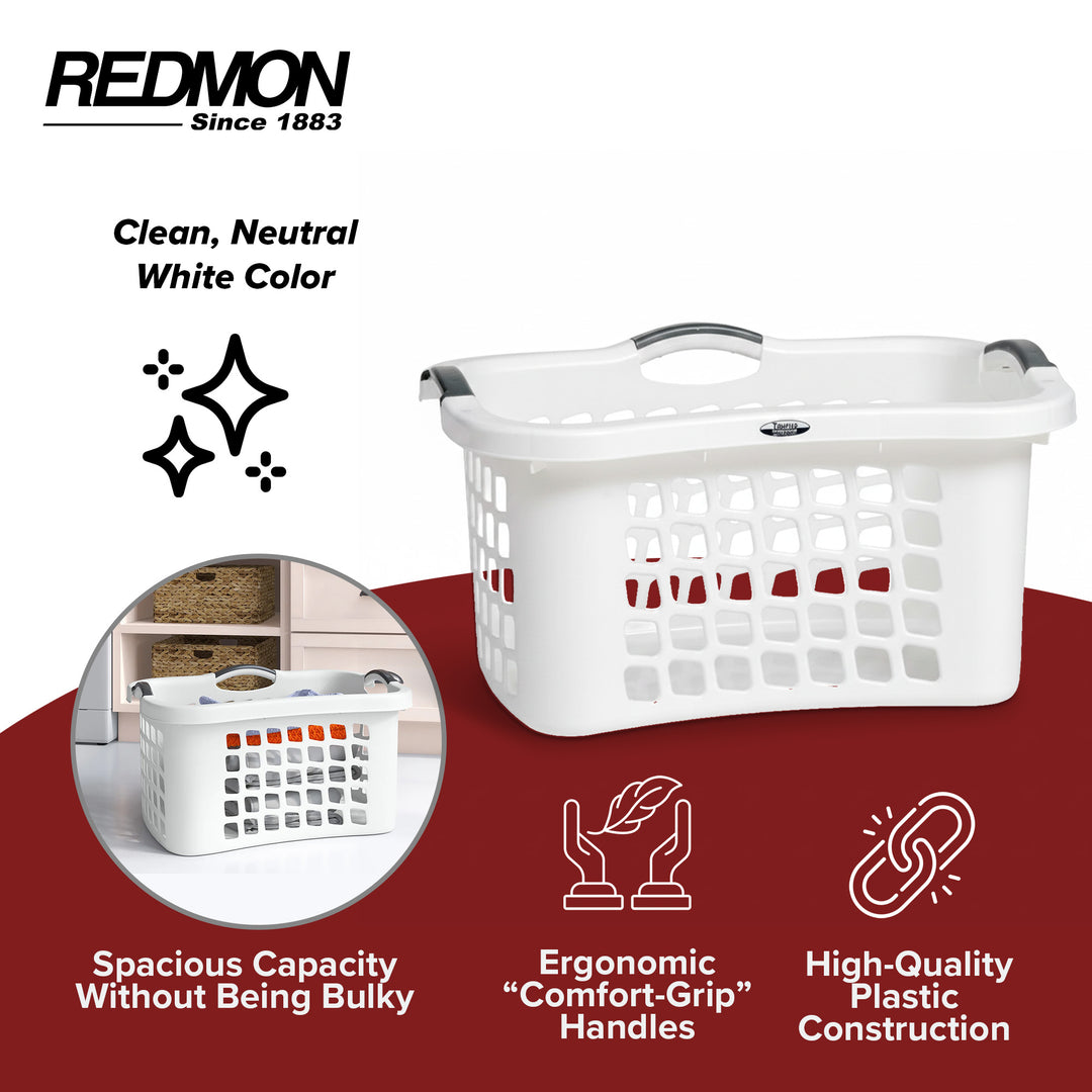 Redmon Comfort Grip Clothes Basket, Plastic Laundry Storage w/ 3 Handles, White