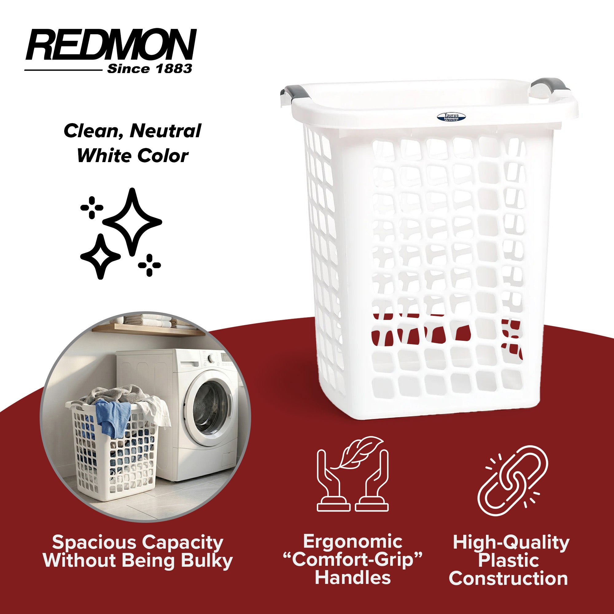 Redmon Comfort Grip Clothes Hamper, Upright Plastic Laundry Basket, White - VMInnovations