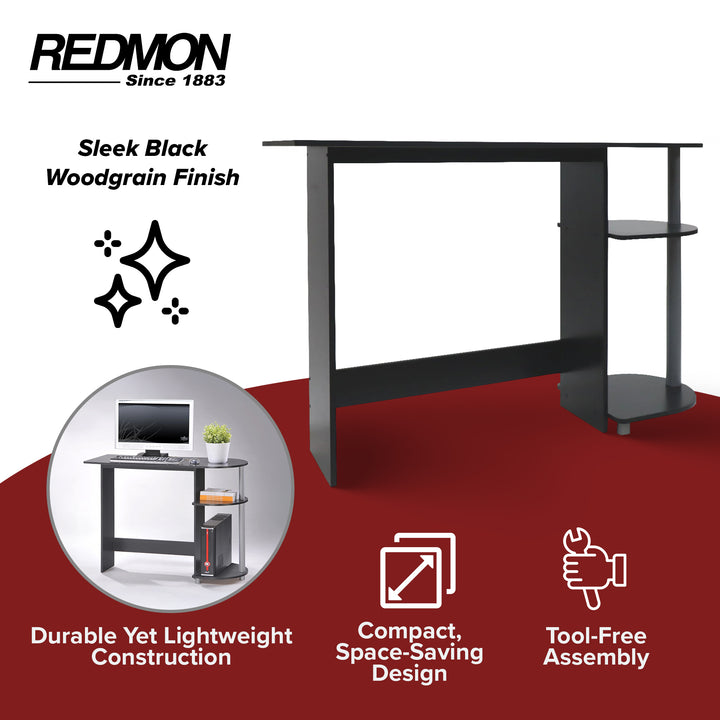 Redmon Computer Laptop Media Desk for Home or Office with Storage Shelves, Black