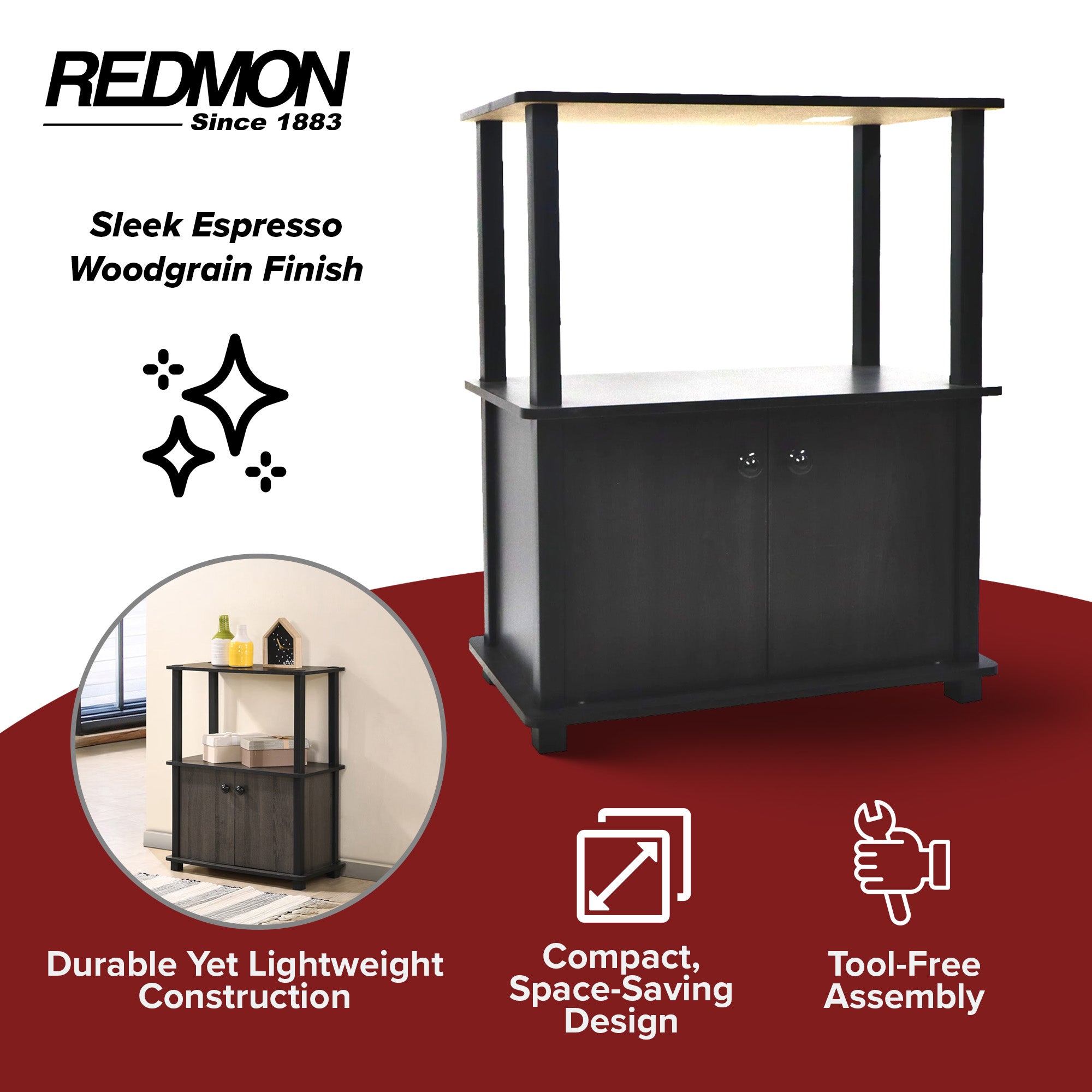 Redmon Freestanding 3-Shelf 2-Door Storage Floor Cabinet, Espresso Woodgrain - VMInnovations