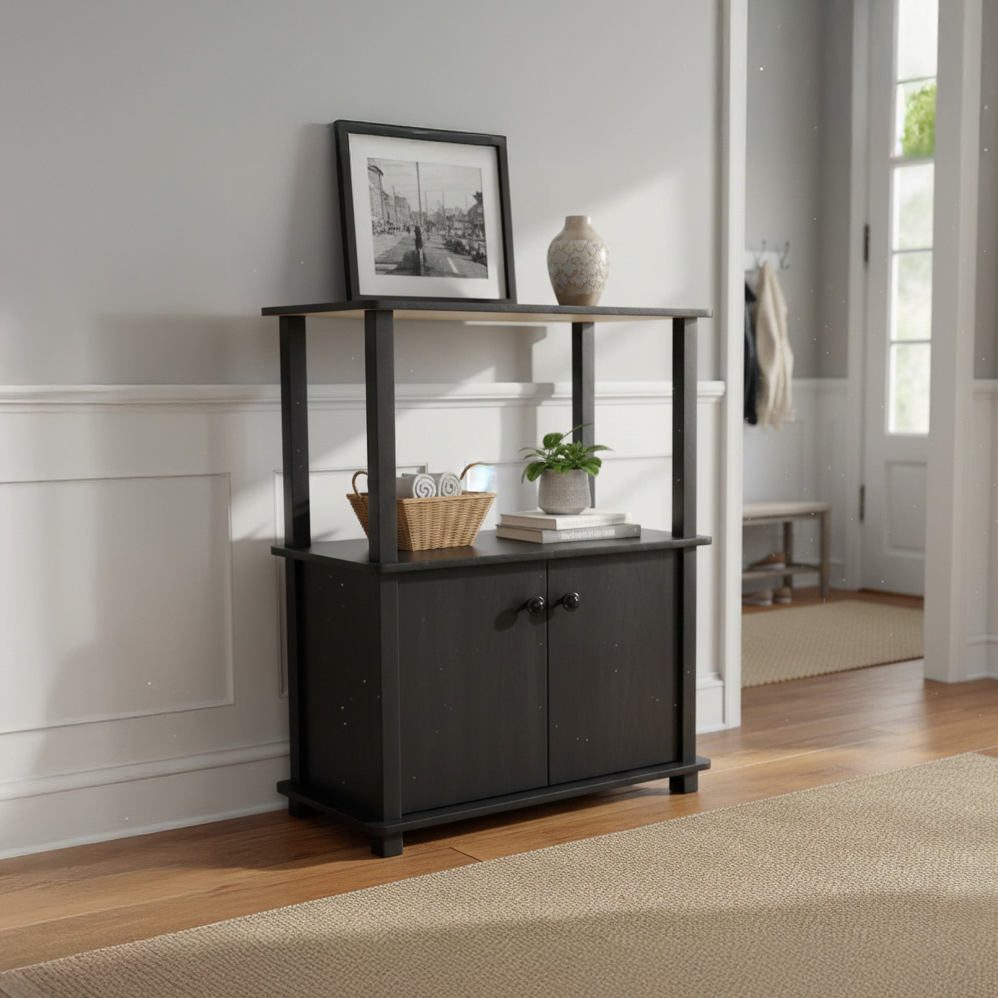 Redmon Freestanding 3-Shelf 2-Door Storage Floor Cabinet, Espresso Woodgrain - VMInnovations