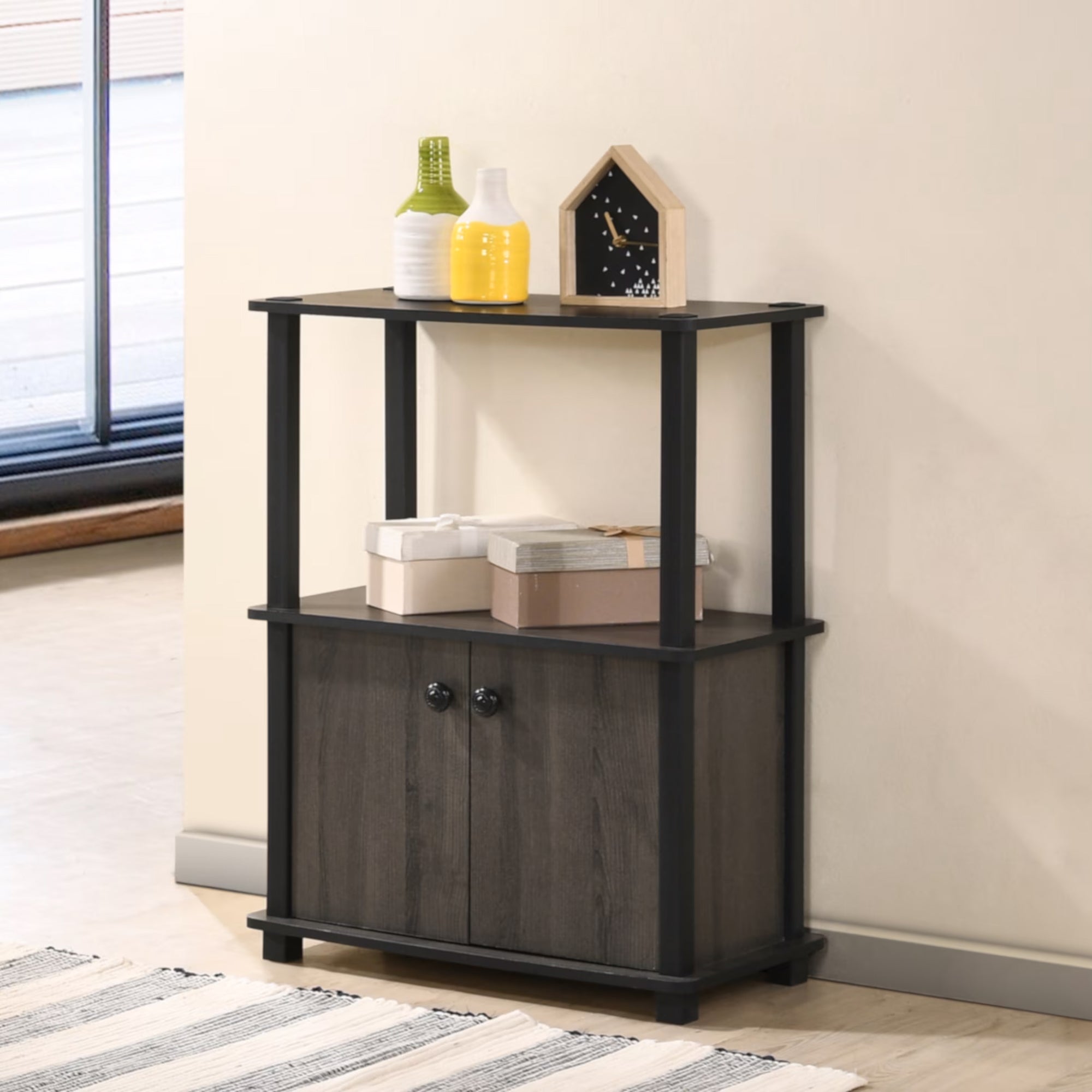 Redmon Freestanding 3-Shelf 2-Door Storage Floor Cabinet, Espresso Woodgrain - VMInnovations