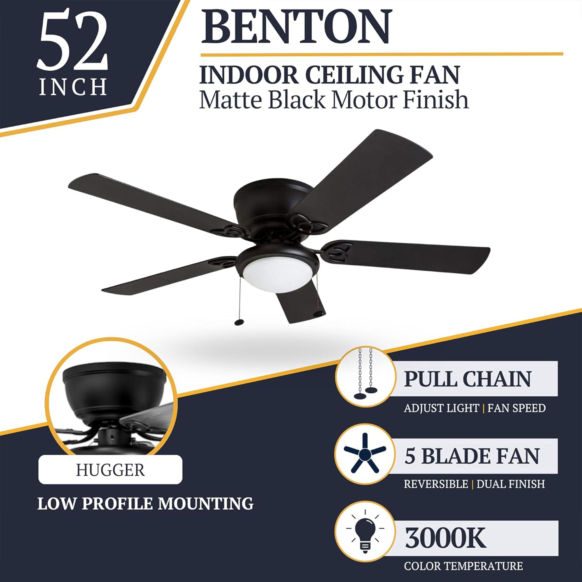 Prominence Home 52" Indoor LED Ceiling Fan w/Pull Chain, Matte Black (Open Box)