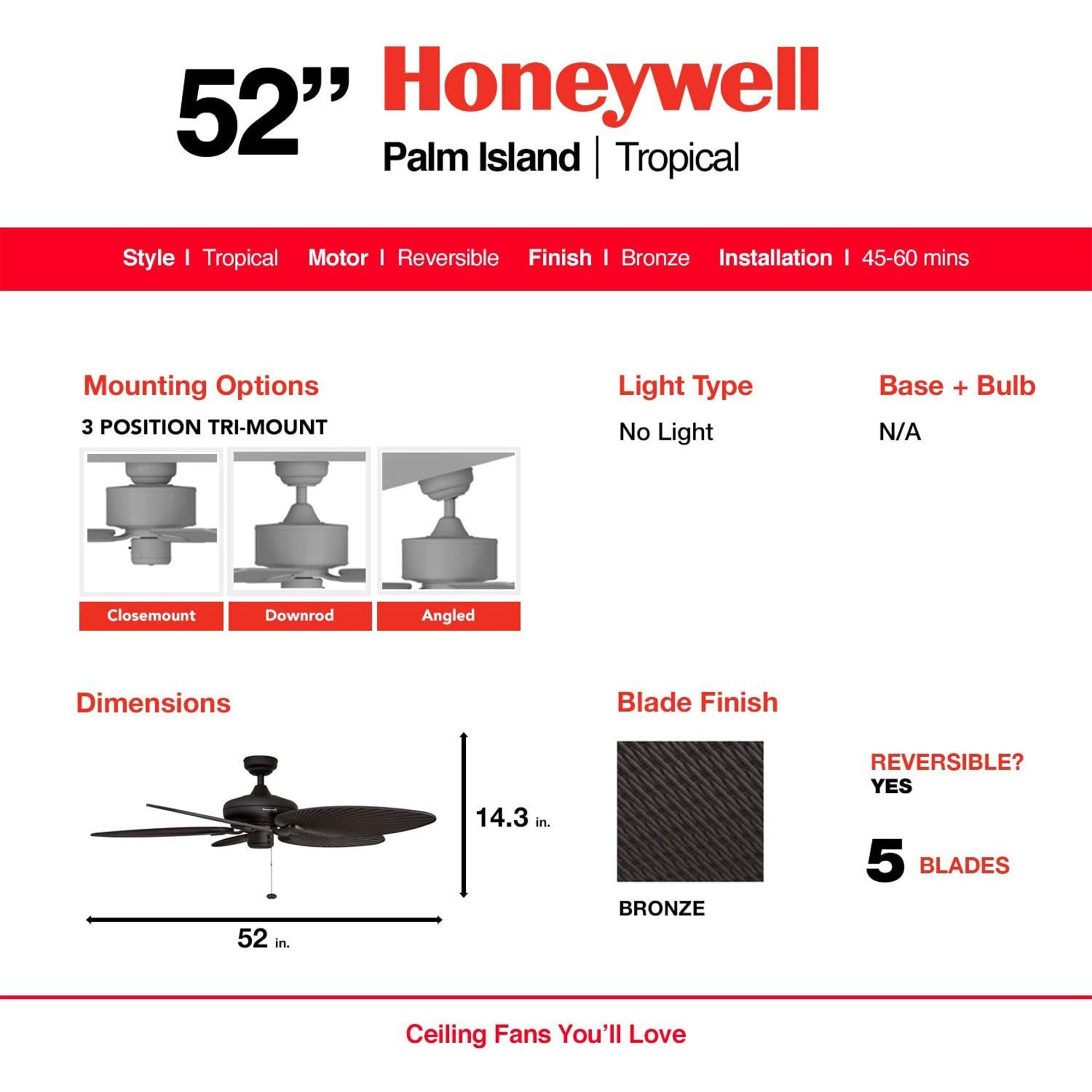 Honeywell Palm Island 52 Inch Tropical Ceiling Fan, No Light, Bronze (Used)