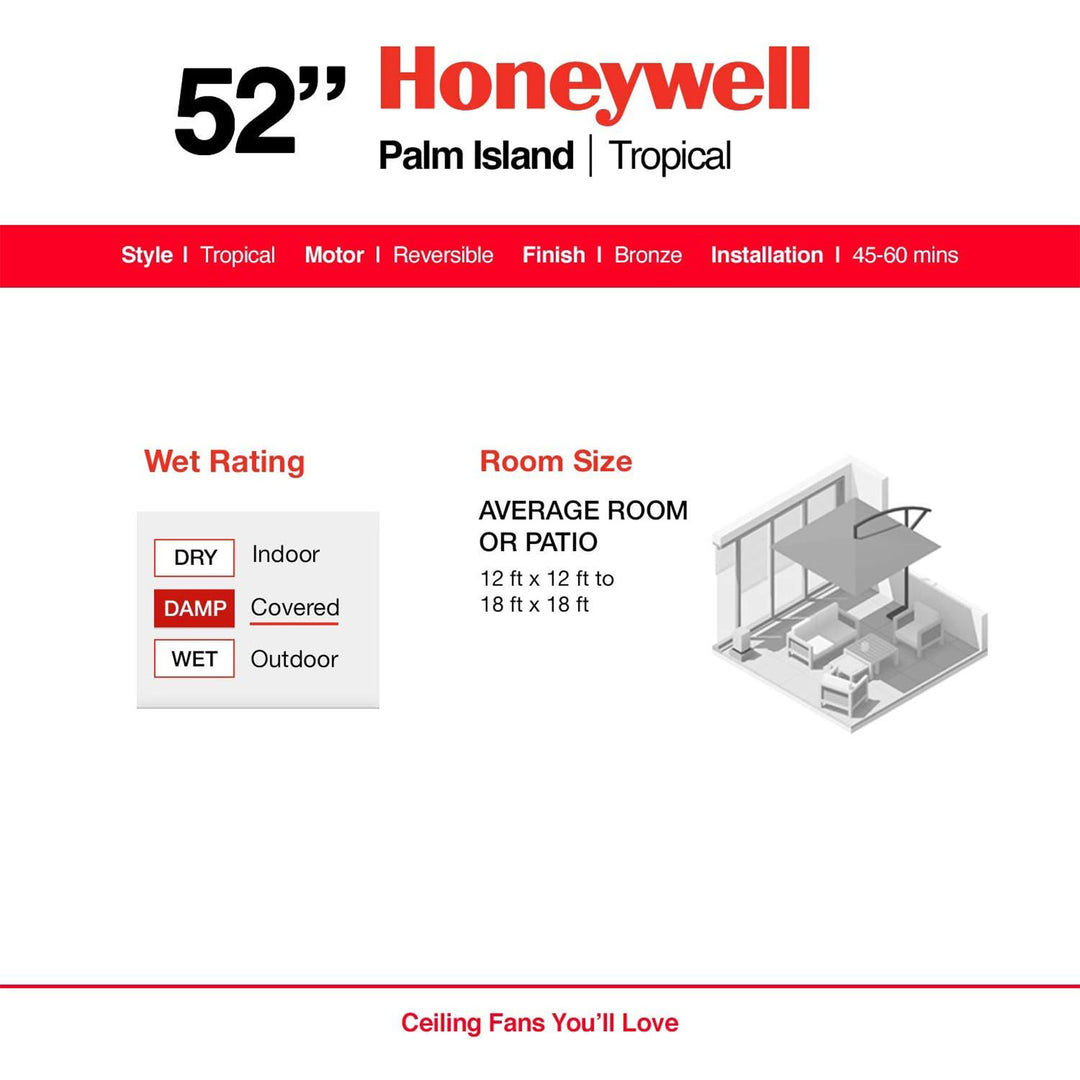 Honeywell Palm Island 52 Inch Tropical Ceiling Fan, No Light, Oil Rubbed Bronze