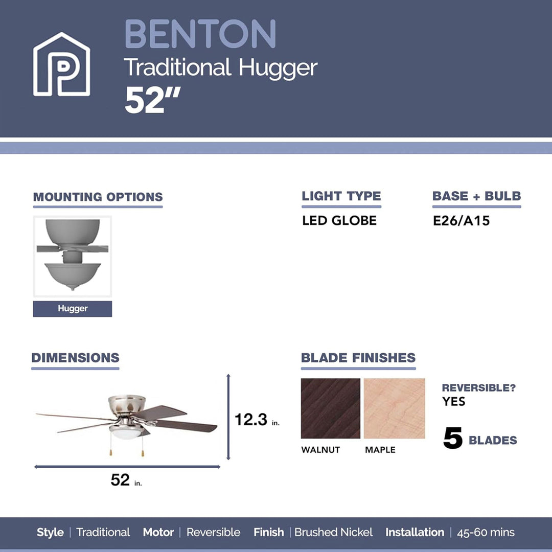 Prominence Home Benton 52" Indoor LED Ceiling Fan w/ Pull Chain, Brushed Nickel