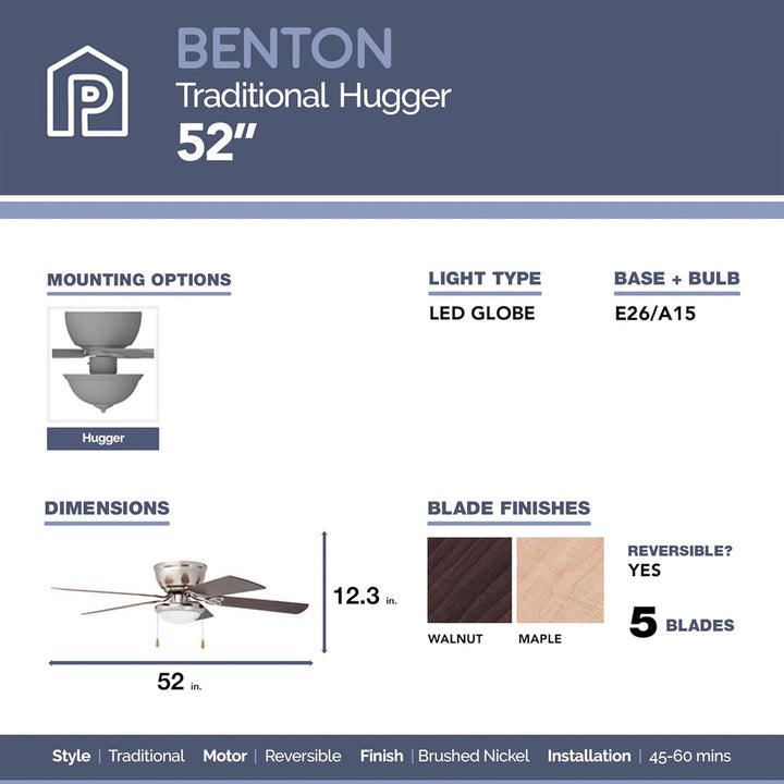Prominence Home Benton 52" Indoor LED Ceiling Fan w/ Pull Chain, Brushed Nickel