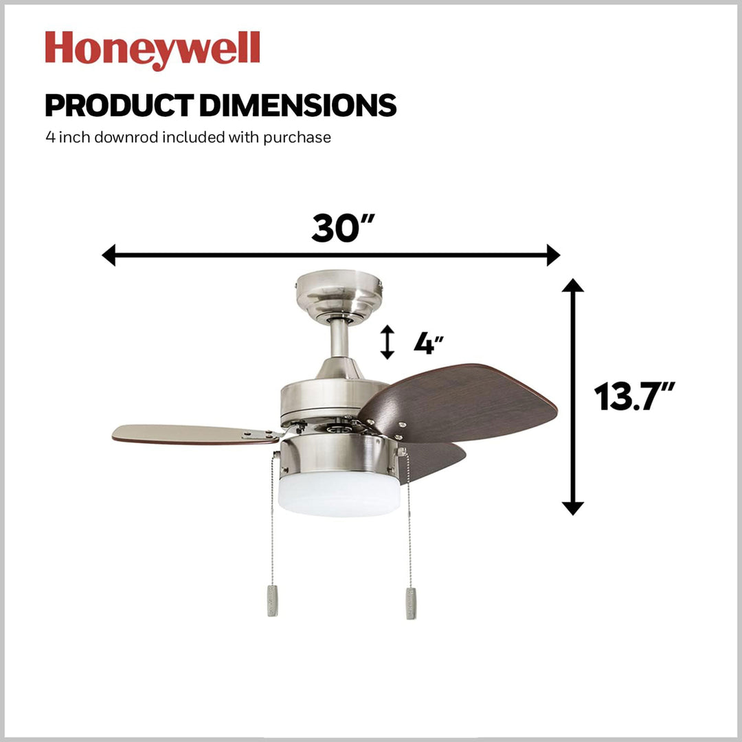 Honeywell Ocean Breeze 30 Inch Indoor Ceiling Fan with Light, Brushed Nickel
