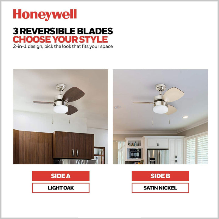 Honeywell Ocean Breeze 30 Inch Indoor Ceiling Fan with Light, Brushed Nickel