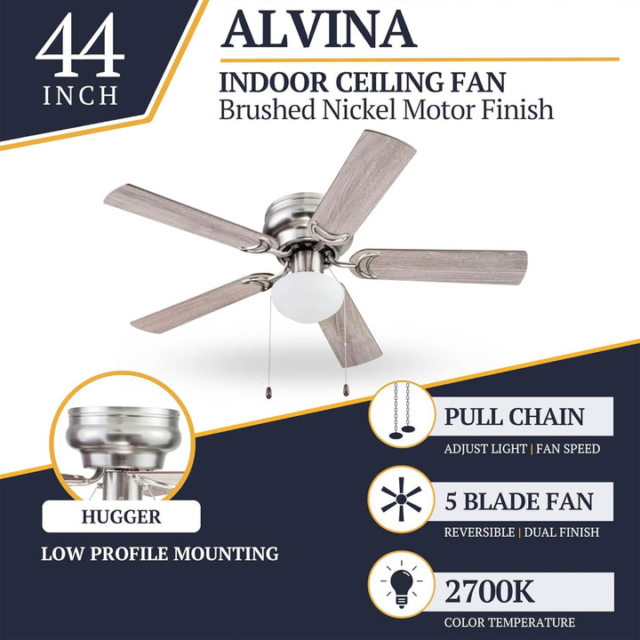 Prominence Home Alvina 44" Indoor LED Ceiling Fan with Pull Chain, Satin Nickel