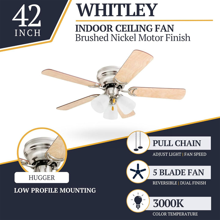 Prominence Home Whitley 42 Inch Indoor Ceiling Fan with Pull Chain, Bright Brass