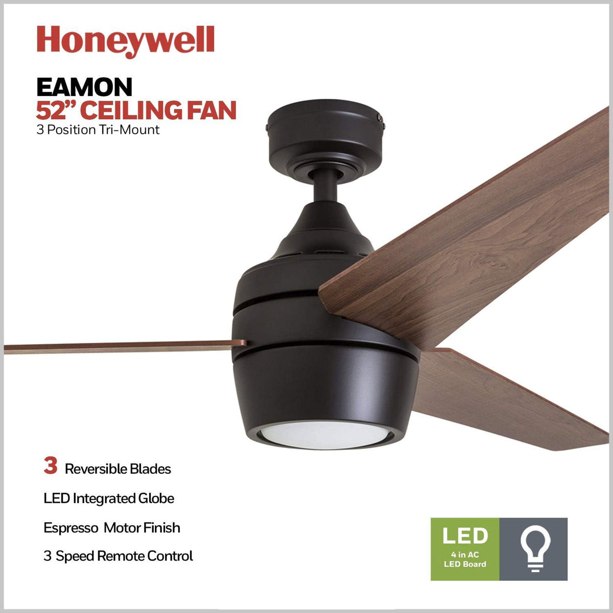 Honeywell Eamon Ceiling Fan, Quiet Motor and Remote Control, Bronze (Open Box)