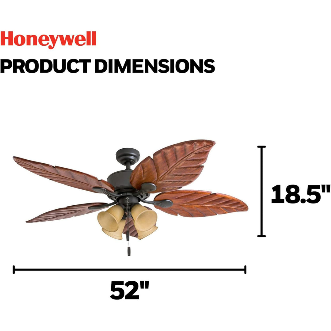 Honeywell Royal Palm 52" Tropical LED Ceiling Fan with Pull Chain, Bronze