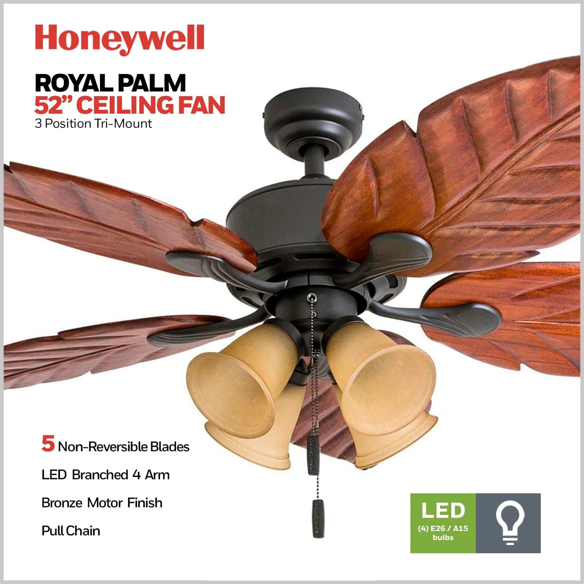 Honeywell Royal Palm 52" Tropical LED Ceiling Fan with Pull Chain, Bronze (For Parts)