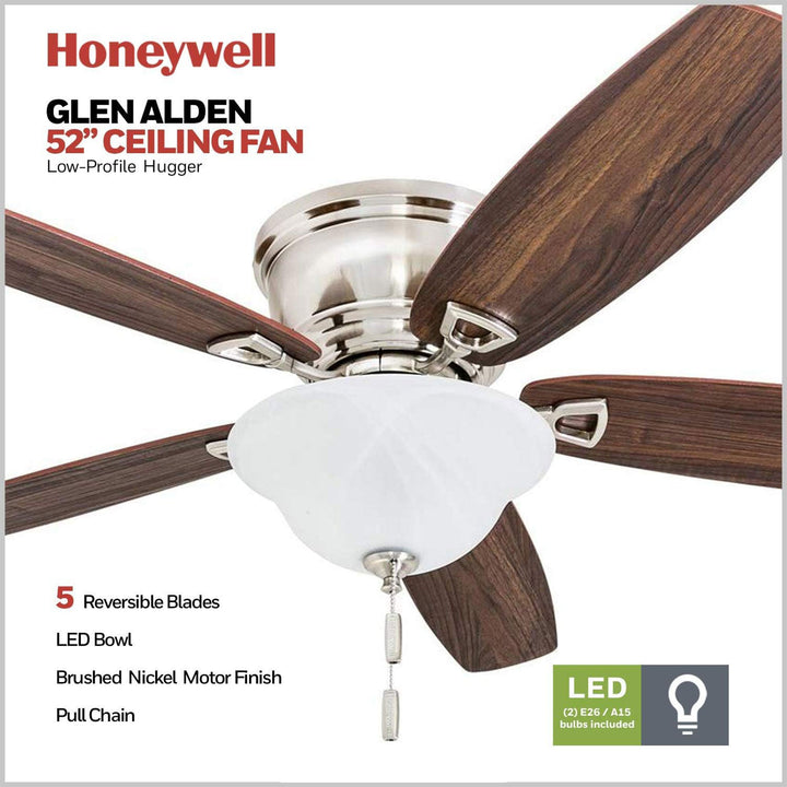 Honeywell Glen Alden 52 Inch Indoor Ceiling Fan with Bowl Light, Brushed Nickel