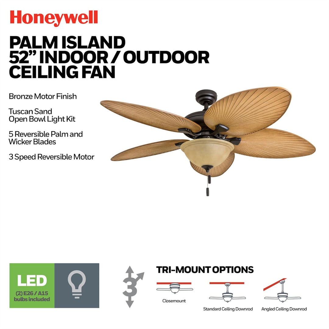 Honeywell Palm Valley 52" Tropical LED Ceiling Fan with Open Bowl Light, Bronze