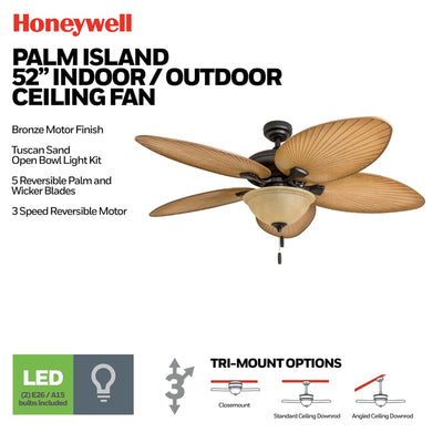 Honeywell Palm Valley 52" Tropical LED Ceiling Fan w Open Bowl (For Parts)