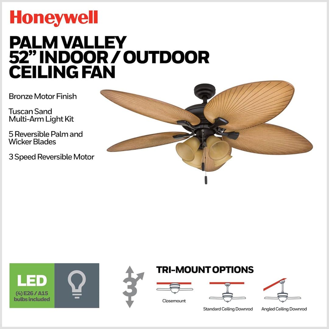 Honeywell Palm Valley 52" Tropical LED Ceiling Fan with Multi-Arm Light, Bronze