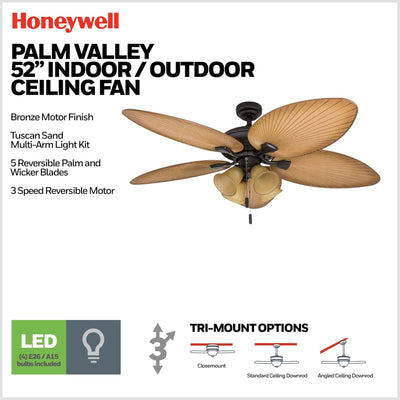 Honeywell Palm Valley 52" Tropical LED Ceiling Fan w/ Multi-Arm Light (Open Box)