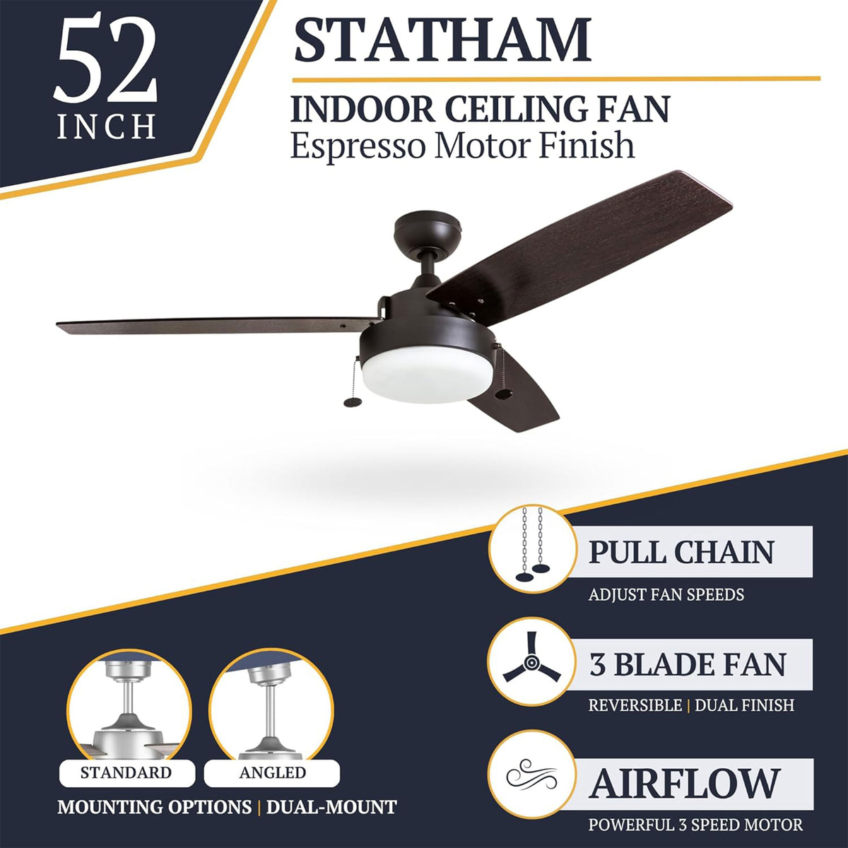 Prominence Home Statham 52" Indoor LED Ceiling Fan with Pull Chain, Bronze - VMInnovations