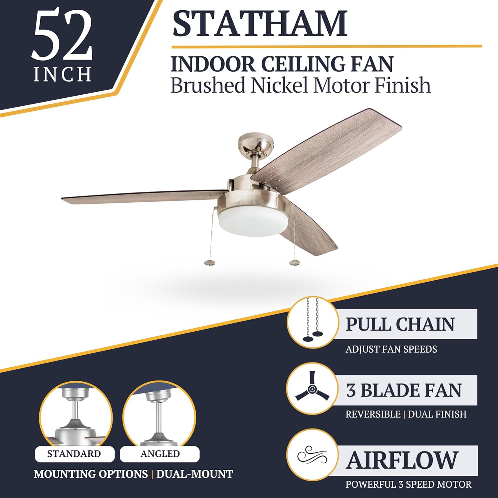 Prominence Home Statham 52" Indoor LED Ceiling Fan with Pull Chain, Nickel - VMInnovations