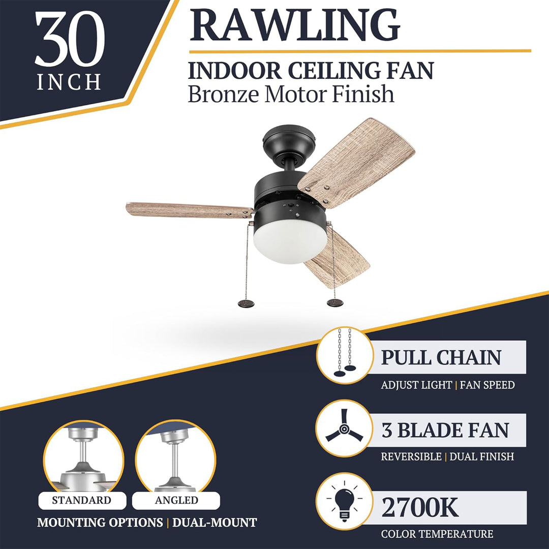 Prominence Home Rawling 30 Inch Indoor LED Ceiling Fan with Pull Chain, Bronze