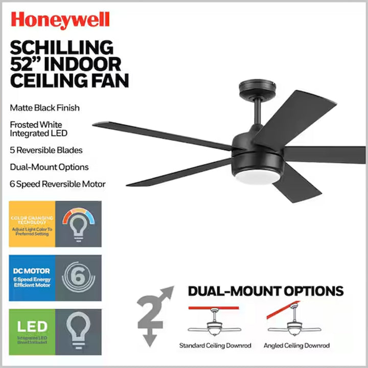 Honeywell Schilling 52" Ceiling Fan w/ Remote, & Reversible Blades, Matte Black