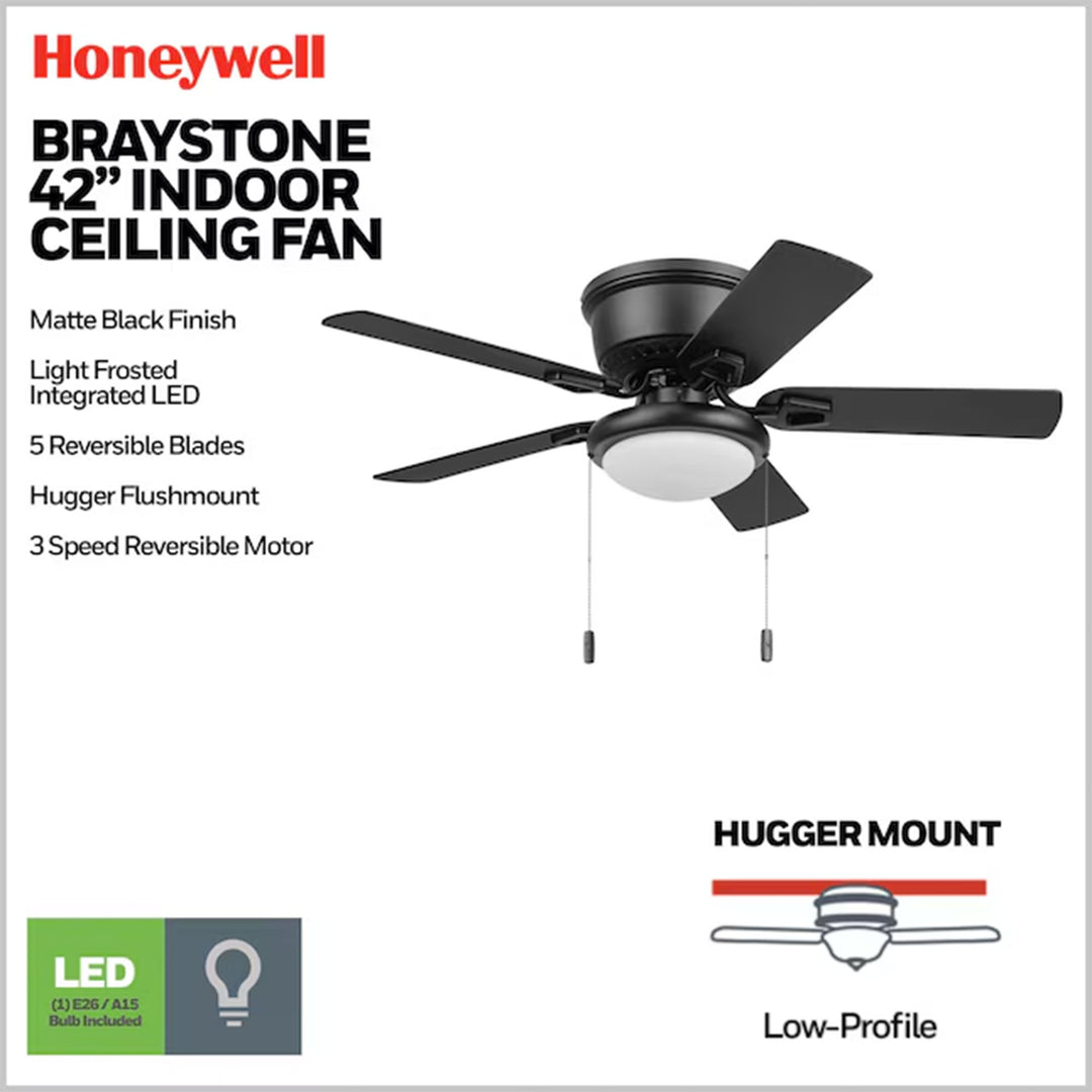 Honeywell Braystone 42 Inch Indoor LED Ceiling Fan with Pull Chain, Matte Black