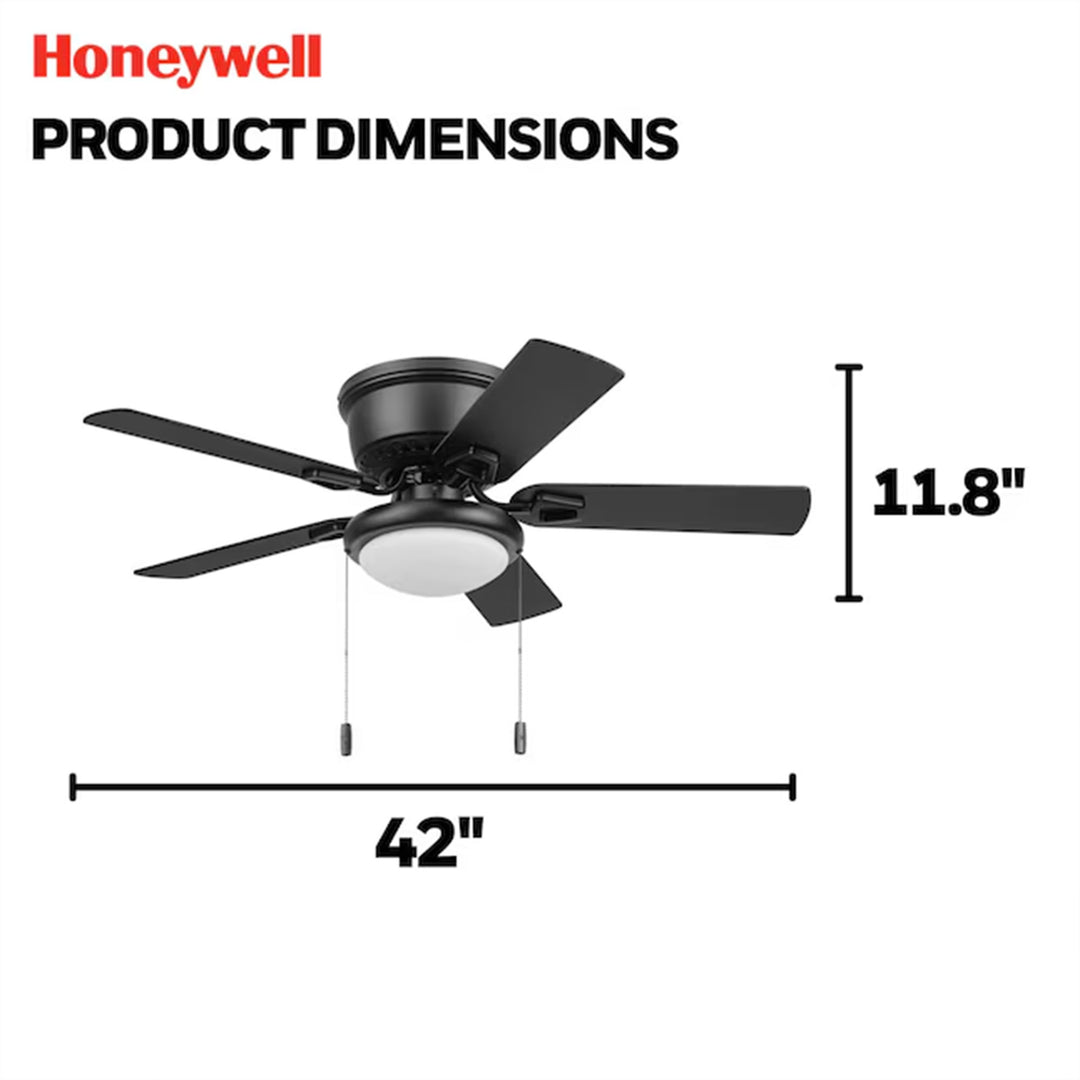 Honeywell Braystone 42 Inch Indoor LED Ceiling Fan with Pull Chain, Matte Black