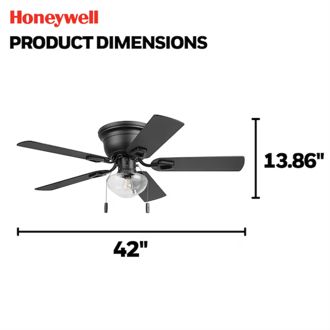 Honeywell Halle 42 Inch Indoor LED Ceiling Fan with Pull Chain, Matte Black