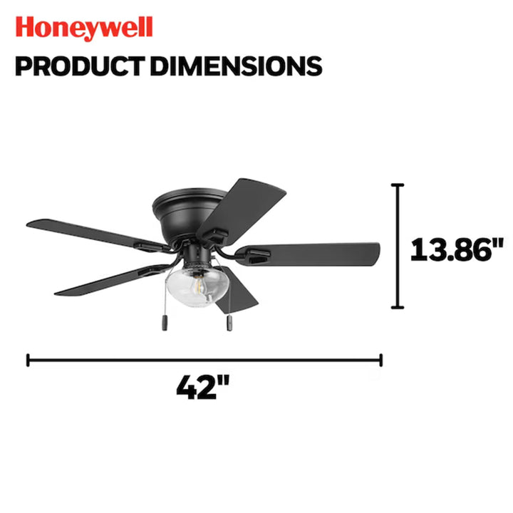 Honeywell Halle 42 Inch Indoor LED Ceiling Fan with Pull Chain, Matte Black