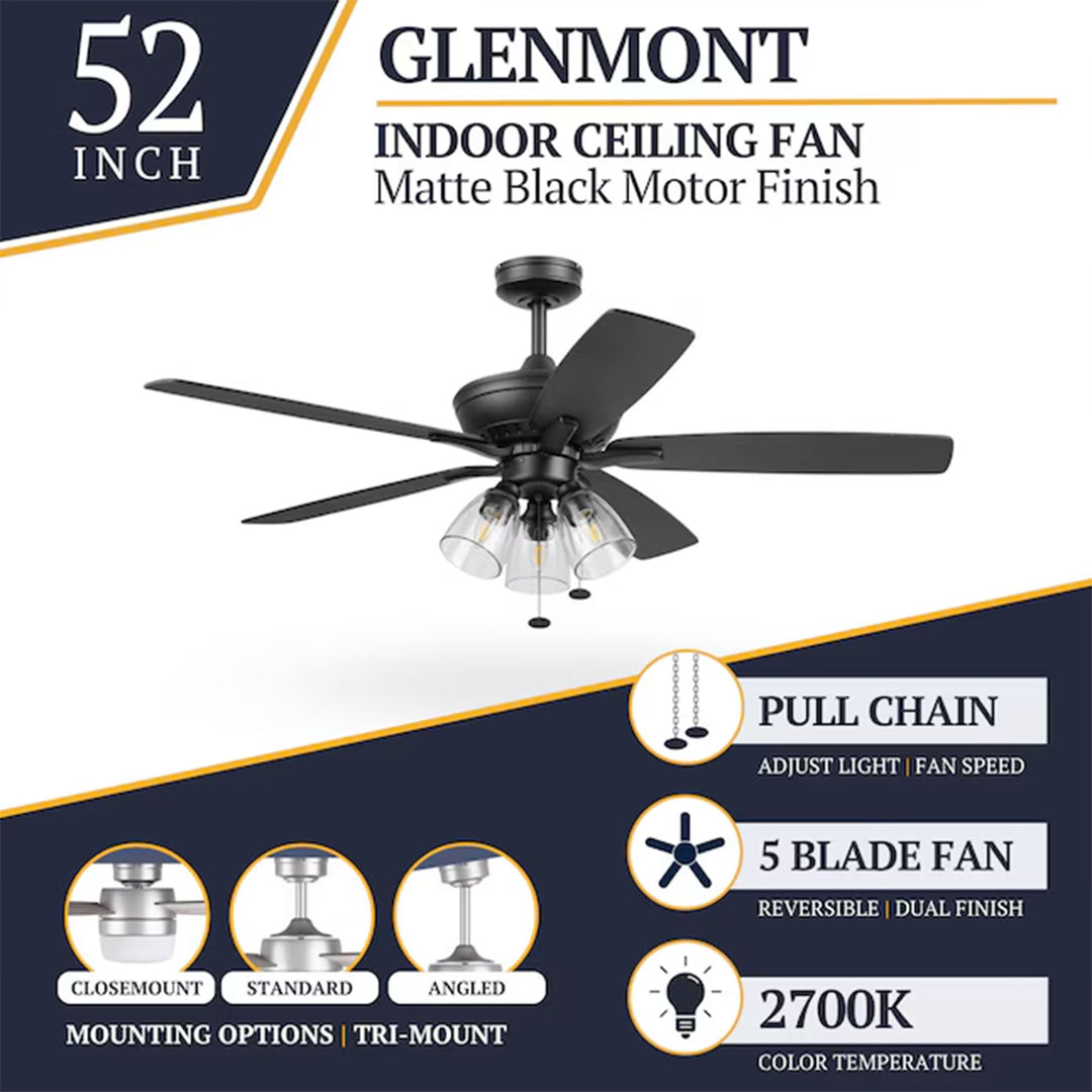 Prominence Home Glenmont 52" Indoor LED Ceiling Fan with Pull Chain, Matte Black